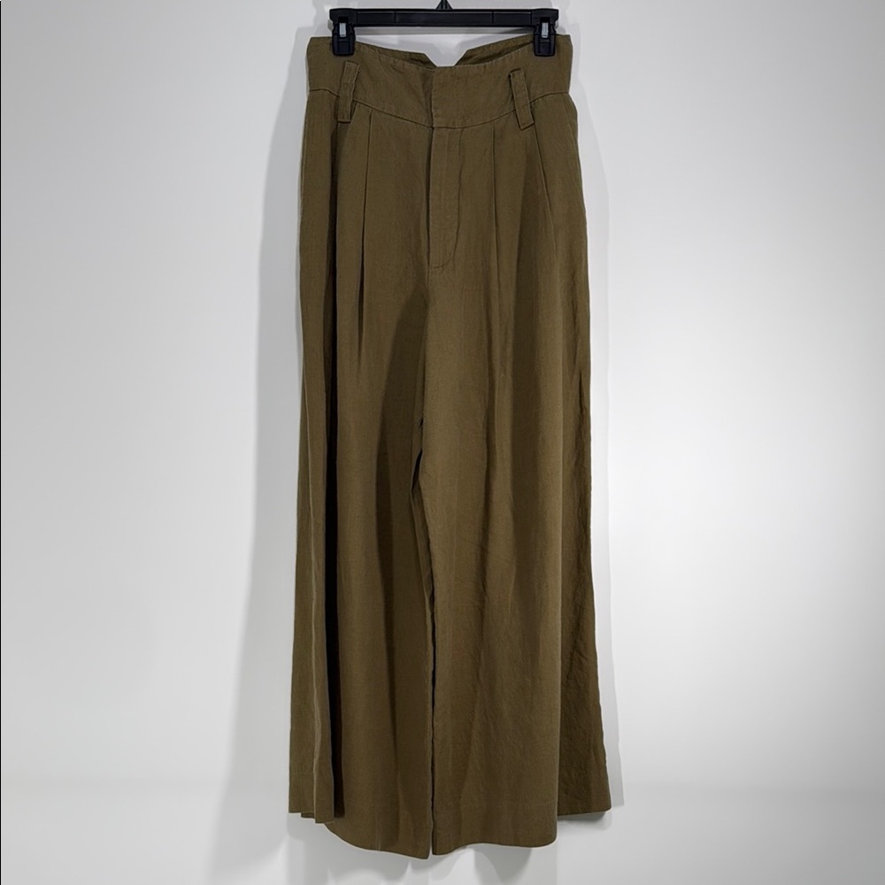 Zara Olive Green High-Waist Pleated Wide-Leg Linen Trousers - Size Small